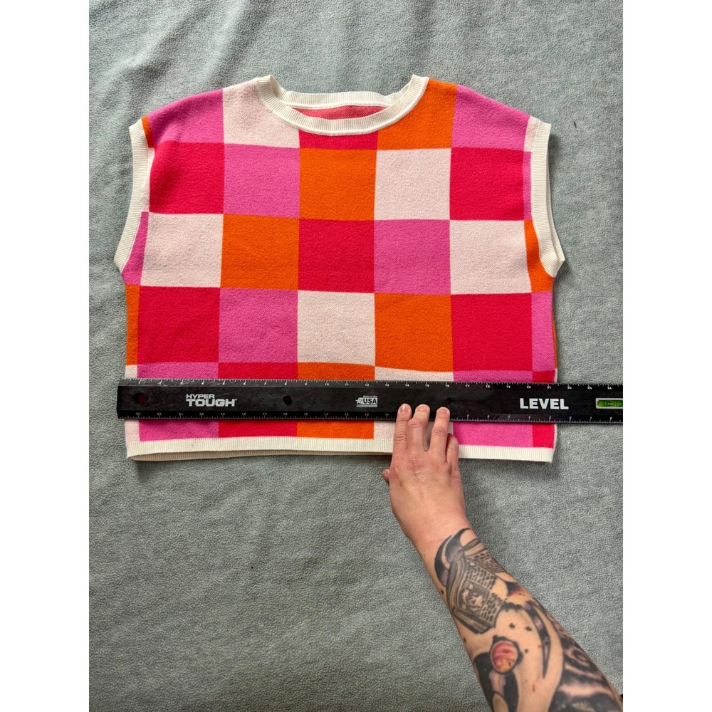 Pink Orange Checkered Knit Sweater Vest Sleeveless Colorblock Crewneck Pullover - Picture 3 of 6